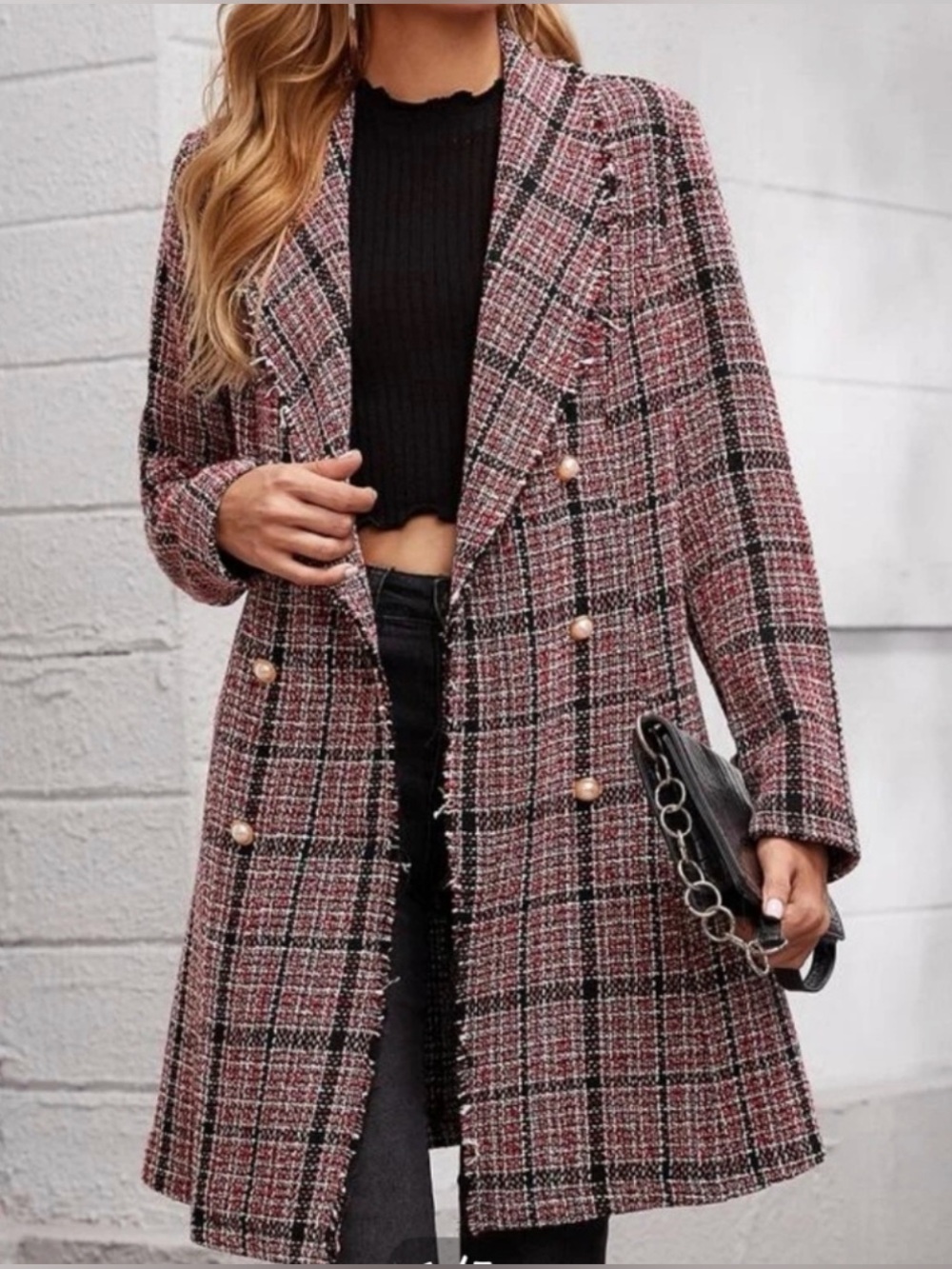 PLM Tweed Pearl Gold Buttons Long Winter Pea Style Coat Jacket.